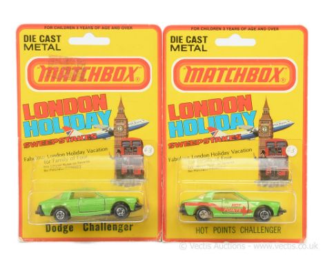 Matchbox Superfast 2 x 63d Dodge Challenger - both are metallic green body, clear windows, ivory interior, matt black "Galant