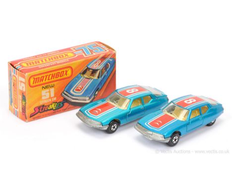 Matchbox Superfast 2 x 51b Citroen SM Streakers issue - both are metallic blue body with red &amp; white racing number 8 tamp