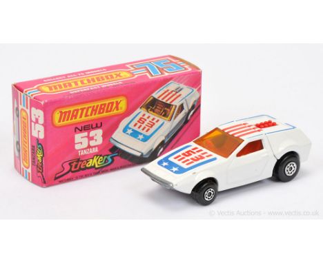 Matchbox Superfast 53b Tanzara Streakers issue - white body with red &amp; blue racing number 53 tampo print, dark amber wind