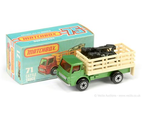 Matchbox Superfast 71c Dodge Cattle Truck - metallic jade green cab &amp; chassis with rear tow hook cut-outs, dark amber win