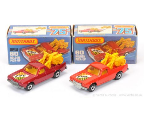 Matchbox Superfast 2 x 60c Holden Pick-Up Truck - both are racing number 500 hood label, pale yellow interior, dark yellow mo