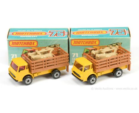 Matchbox Superfast 2 x 71c Dodge Cattle Truck - both are yellow cab &amp; chassis with headlamp &amp; rear tow hook cut-outs,