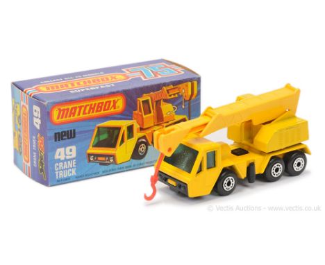 Matchbox Superfast 49c Crane Truck - yellow body and jib, RARE TURQUOISE GREEN (NOT DARK GREEN) WINDOWS - Excellent in Mint "