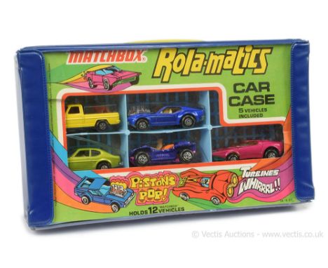 Matchbox Superfast US issue Rola-Matics Carry Case gift set containing (1) 10b Ford Mustang Piston Popper - metallic dark blu