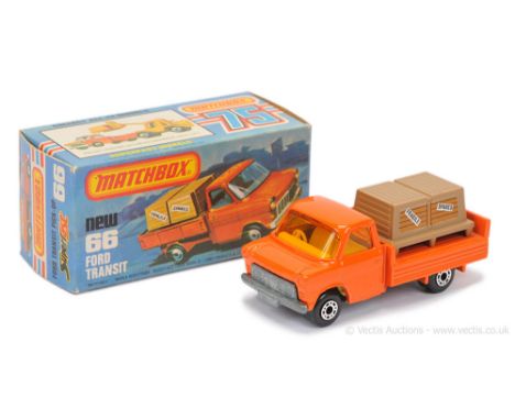 Matchbox Superfast 66c Ford Transit Pick-up Truck - dark orange body, RARE DARK AMBER WINDOWS, pale yellow interior, bare met