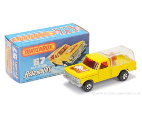 Matchbox Superfast 57c Ford Wild Life Truck - lemon yellow body with "Ranger" hood label, red windows, clear rear canopy, bur