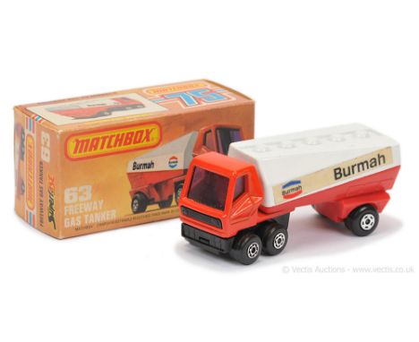 Matchbox Superfast 63b Freeway Gas Tanker "Burmah" - burnt orange Tractor Unit with purple windows, dark red trailer chassis 