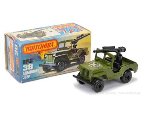 Matchbox Superfast 38c Armoured Jeep - Military green Body with tow hook brace, 21-Star-11 hood label, RARE MATT BLACK ROMAN 