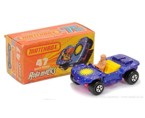 Matchbox Superfast 47b Beach Hopper - metallic dark blue body with "sunburst" hood label &amp; mid splatter of pink spots, ca