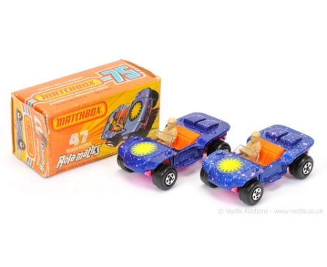Matchbox Superfast 2 x 47b Beach Hopper - both are metallic dark blue body with "sunburst" hood label, clear windscreen, oran