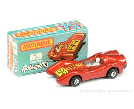 Matchbox Superfast 69b Turbo Fury - metallic red body, with racing number 69 nose label, clear windscreen, rare dark charcoal