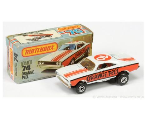 Matchbox Superfast 75d Orange Peel Dodge Charger Dragster - white body with dark burnt orange &amp; black racing number 70 ta
