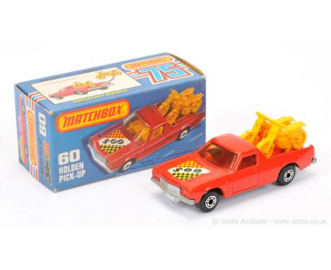 Matchbox Superfast 60c Holden Pick-Up Truck - red body with racing number 500 hood label, light amber windows, red interior, 