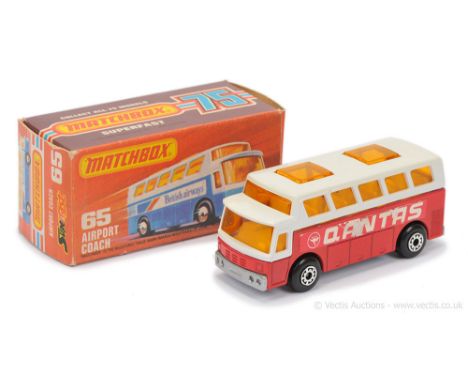 Matchbox Superfast 65b Airport Coach "Qantas" - red body, dark amber windows, pale yellow interior, silver painted base witho