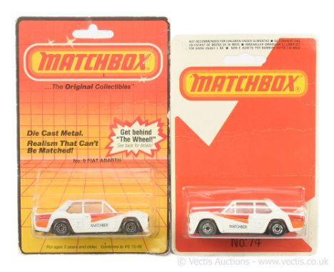 Matchbox Superfast 2 x 74e Fiat 131 Abarth Rally Car - both are white body with burnt orange &amp; red racing number 45 tampo