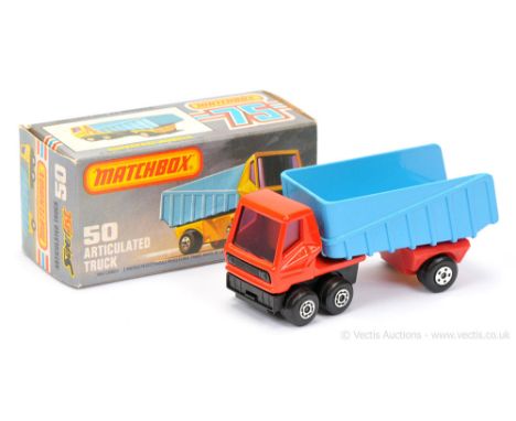 Matchbox Superfast 50b Articulated Truck - burnt orange tractor unit with purple windows, Maltese Cross wheels, trailer has m