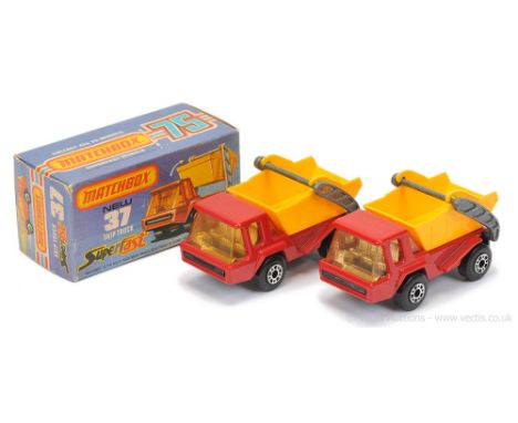 Matchbox Superfast 2 x 37c Skip Truck - both are red body, dark plastic yellow skip, chrome interior, matt black base - (1) l