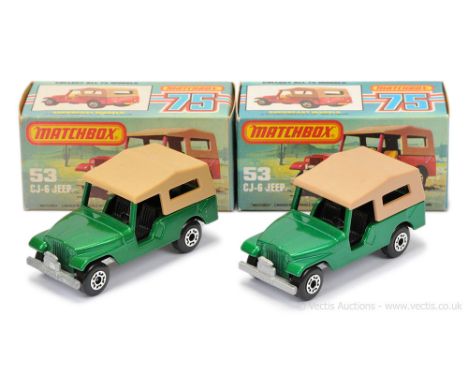 Matchbox Superfast 2 x 53c Jeep CJ6 - both are metallic emerald green body, RARE BLACK INTERIOR, "Jeep CJ6" base - (1) lighte