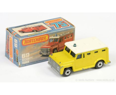 Matchbox Superfast 69c Armoured Security Truck MADE IN BRAZIL ISSUE - lemon yellow body, white plastic roof, light blue windo