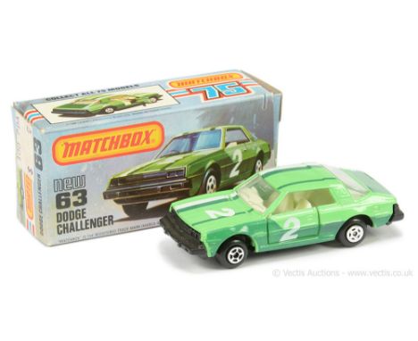 Matchbox Superfast 63d Dodge Challenger - light green body with dark green &amp; white stripe racing number 2 tampo print, cl