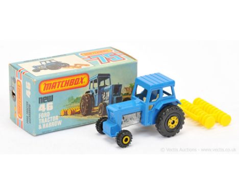 Matchbox Superfast 46c Ford Tractor &amp; Harrow - RARE BLUE BODY WITHOUT FORD GRILLE BADGE, RARE IVORY INTERIOR, bare metal 