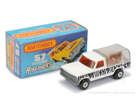 Matchbox Superfast 57c Ford Wild Life Truck - white body with black zebra stripe tampo print, dark amber windows, smoke grey 