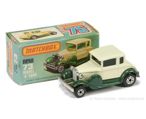 Matchbox Superfast 73c Ford Model A - cream body, dark green windows, dark green chassis with spare wheel carrier, black plas