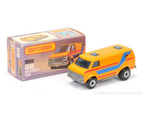 Matchbox Superfast 68c Chevrolet Van - orange body with blue &amp; red stripe tampo print, blue windows, bare metal base - Ne