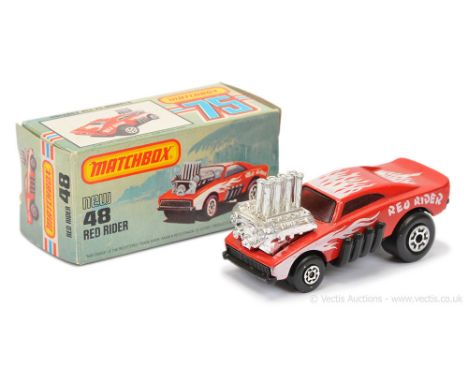 Matchbox Superfast 48d Red Rider Dragster - Red body with white flame tampo print, red windows, matt black Lesney Products PL