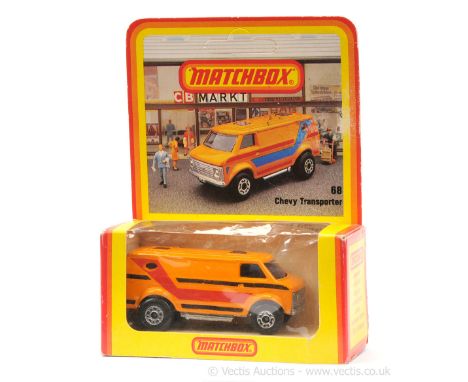 Matchbox Superfast 68c Chevrolet Van - orange body with red &amp; black stripe tampo print, blue windows, bare metal base - E
