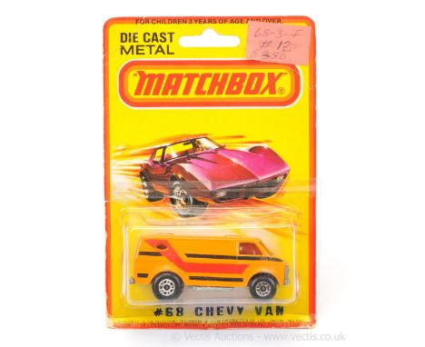 Matchbox Superfast 68c Chevrolet Van - orange body with red &amp; black stripe tampo print, RARE RED WINDOWS, bare metal base