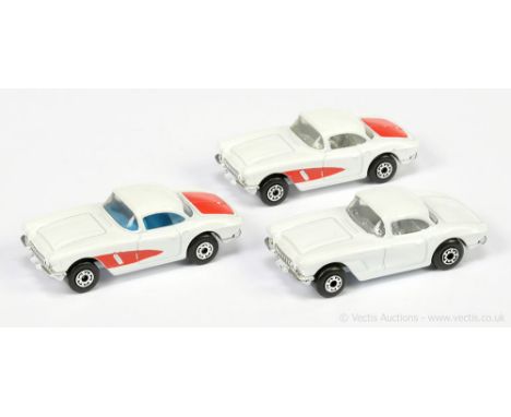 Matchbox Superfast 3 x 71d 1962 Corvette - all are white body, clear windows, 5-arch wheels (1) red side &amp; trunk tampo pr