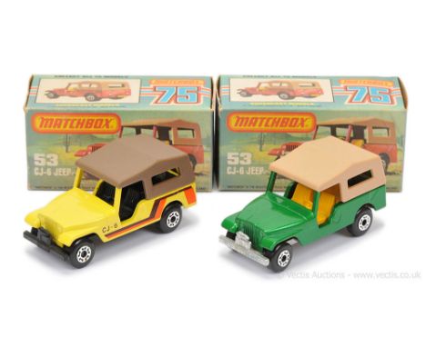 Matchbox Superfast 2 x 53c Jeep CJ6 - (1) emerald green body, lighter tan plastic roof, dark yellow interior, bare metal base