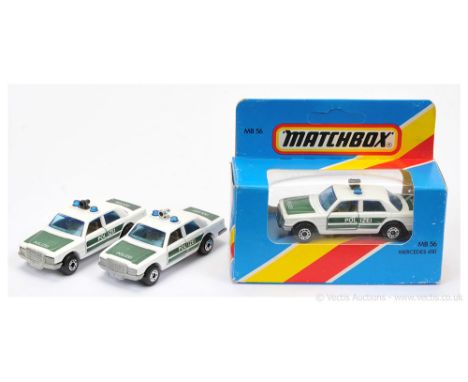 Matchbox Superfast 3 x 56c Mercedes 450 SEL German Police Car - all are white body with dark green tampo print, blue windows 