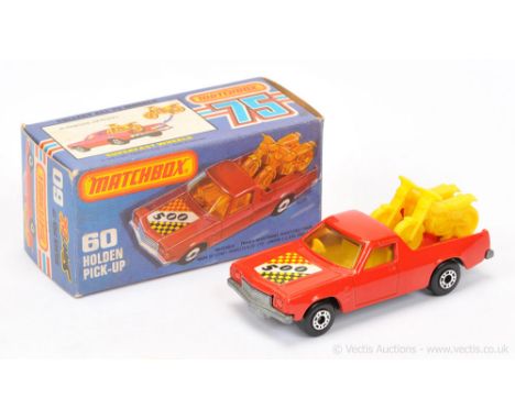 Matchbox Superfast 60c Holden Pick-Up Truck - red body with racing number 500 hood label, light amber windows, pale yellow in