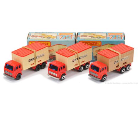 Matchbox Superfast 3 x 42c Mercedes Container Truck - all are red cab &amp; chassis with "N.Y.K" labels, dark blue windows, b