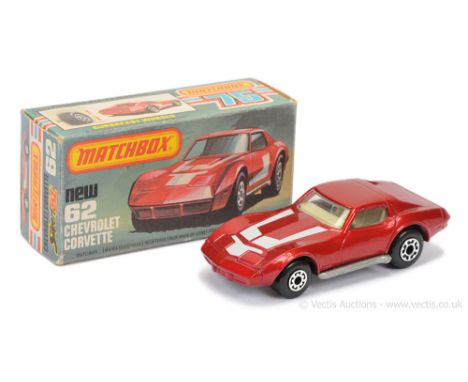 Matchbox Superfast 62d Chevrolet Corvette - Metallic Red body, with white stripe hood tampo print, clear windows, pale grey i