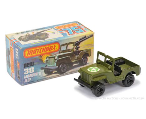 Matchbox Superfast 38c Armoured Jeep Twin Pack issue - military green body with 5-pointed star hood label, rare gloss black "