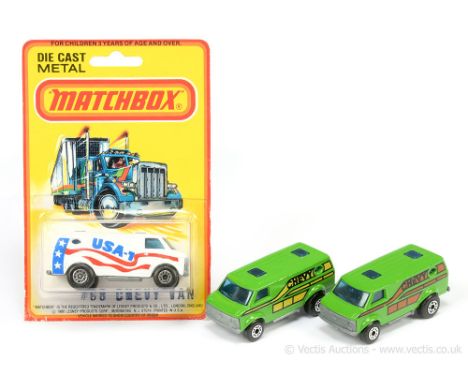 Matchbox Superfast 3 x 68c Chevrolet Van - all are blue windows, bare metal base (1) white body with blue &amp; red "USA-1" t