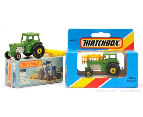 Matchbox Superfast 2 x 46c Ford Tractor &amp; Harrow - both are metallic green body without Ford grille badge (slight shade v