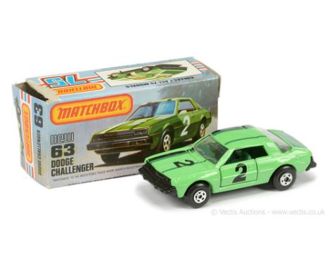 Matchbox Superfast 63d Dodge Challenger - light green body with dark green &amp; black stripe racing number 2 tampo print, cl