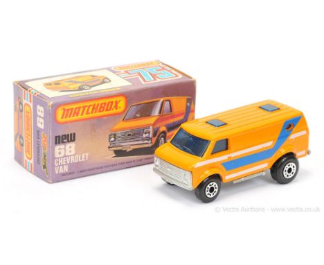 Matchbox Superfast 68c Chevrolet Van - orange body with blue &amp; white stripe tampo print, blue windows, bare metal base - 