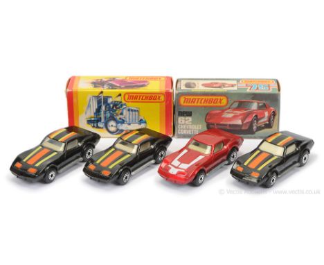 Matchbox Superfast 4 x 62d Chevrolet Corvette - all are pale grey interior - (1) gloss black body with lime &amp; burnt orang