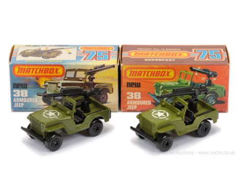 Matchbox Superfast 2 x 38c Armoured Jeep - both are military green body, 21-Star-11 hood label, matt black No.38 Jeep base, b