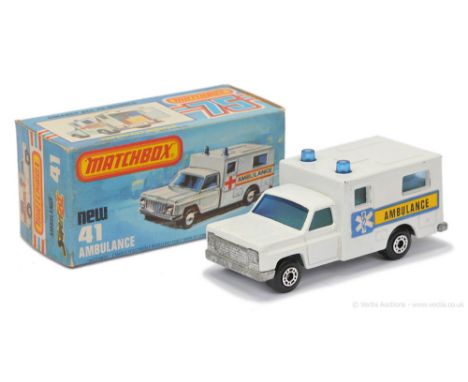 Matchbox Superfast 41c Ambulance - white body with blue Cross Ambulance Labels, blue windows, RARE PALE YELLOW INTERIOR, bare