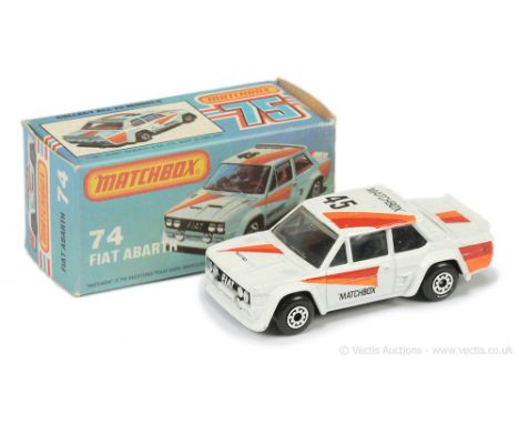 Matchbox Superfast 74e Fiat 131 Abarth Rally Car - white body with burnt orange &amp; red racing number 45 tampo print, clear