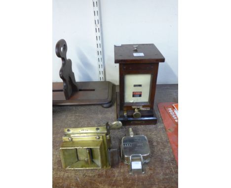 A Williamson railway ticket printer, a brass railway lock, stamped MSJ & A and a railway bell box