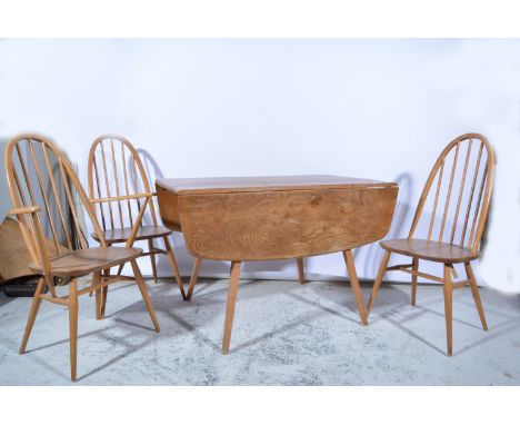 Ercol elm dining suite, comprising a drop-leaf table, (substantial damage), 112 x 122cm and six chairs, including a pair of e