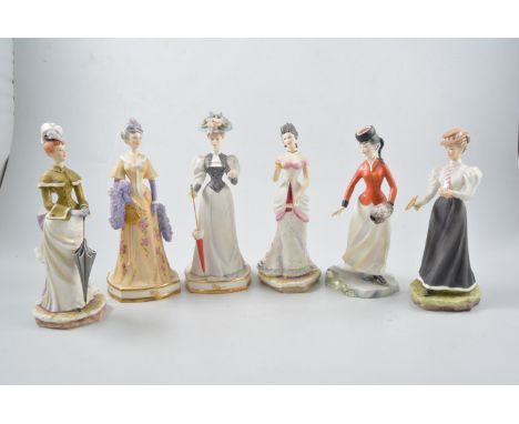 Six Royal Worcester fine bone china "Victorian Series" figures, "Emily", "Marion", "Madelaine", "Elizabeth", "Melanie" and Ro