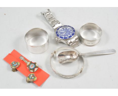 Silver napkin ring, hallmarked Chester 1917, another stamped "Sterling", a silver half hinged bangle, costume jewellery ceram